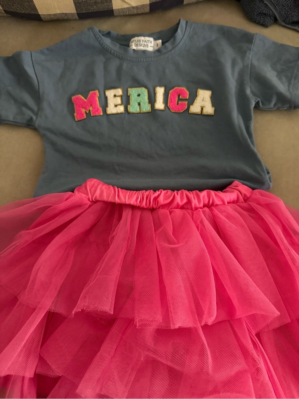 Kyliee Faith Designs 'MERICA' Blue Tee with Hot Pink Tulle Skirt